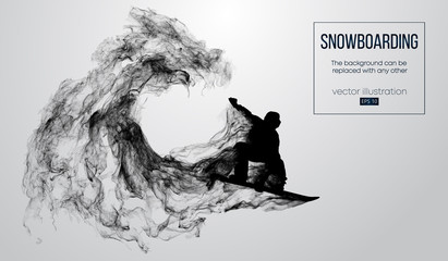 Abstract silhouette of a snowboarder jumping isolated on white background from particles. Snowboarder jumping and performs a trick. Background can be changed to any other. Vector illustration