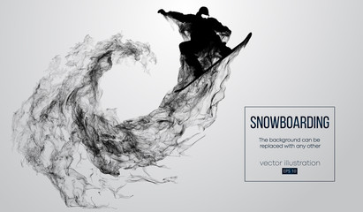 Abstract silhouette of a snowboarder jumping isolated on white background from particles. Snowboarder jumping and performs a trick. Background can be changed to any other. Vector illustration