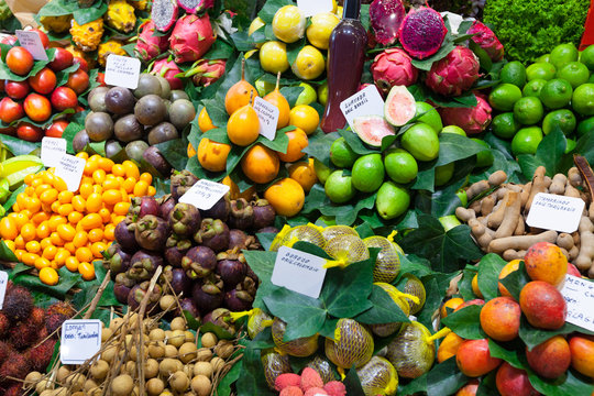 Exotic fruits and berries at  Spanish market