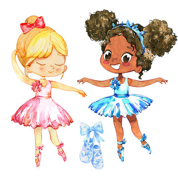 Ballerina Girl Friend Couple Character Training. Cute African American Child wear Blue Tutu Dress and Pointe Pose in Multiracial School. Baby Ballet Greeting Card Kit Design Flat Cartoon Illustration.