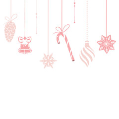Christmas garland of: cone, Christmas-tree toys, candy, gingerbread, snowflakes, bell. Christmas banner with pink elements on a white background. Christmas hand drawn decorations for xmas design