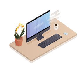 The desktop illustration. Flat illustration. Isometric. Flat 3d isometric workspace concept with laptop vector illustration. Devices set on white background. Laptop, keyboard, computer mouse, desktop 