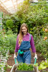 pretty blond gardener walking with garden cart at work. close up photo