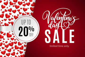 Valentine's day holiday sale 20 percent off with red hearts and lettering. Limited time only. Template for a banner, poster, shopping, discount, invitation