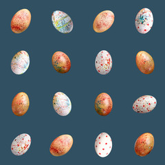 A variety of colored Easter eggs on a uniform  blue background. Seamless pattern