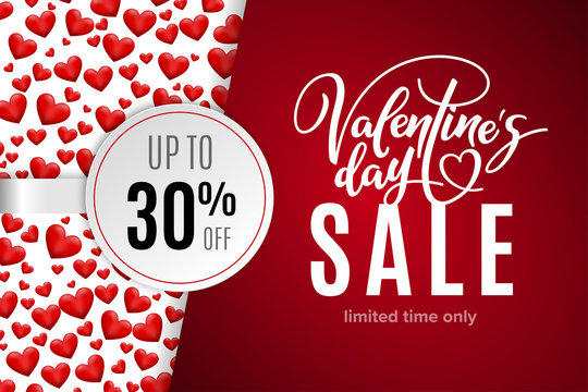 Valentine's day holiday sale 30 percent off with red hearts and lettering. Limited time only. Template for a banner, poster, shopping, discount, invitation