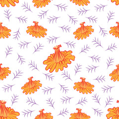 Flower pattern. Abstraction. On a white background flowers and leaves. orange flowers, leaves of lilac color. Vector illustration.
