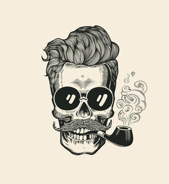 Hipster Skull Smoke Pipe Vector Illustration Print. Cool Mustache Skeleton Face in Sunglasses. Urban Modern Hair T-Shirt Print Monochrome Sailor Head Black Death Silhouette