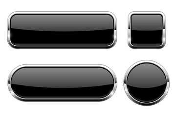 Black glass 3d buttons. With chrome frame. Set of web icons
