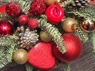 Christmas composition of fir branches, Christmas toys, fir cones. Christmas.
