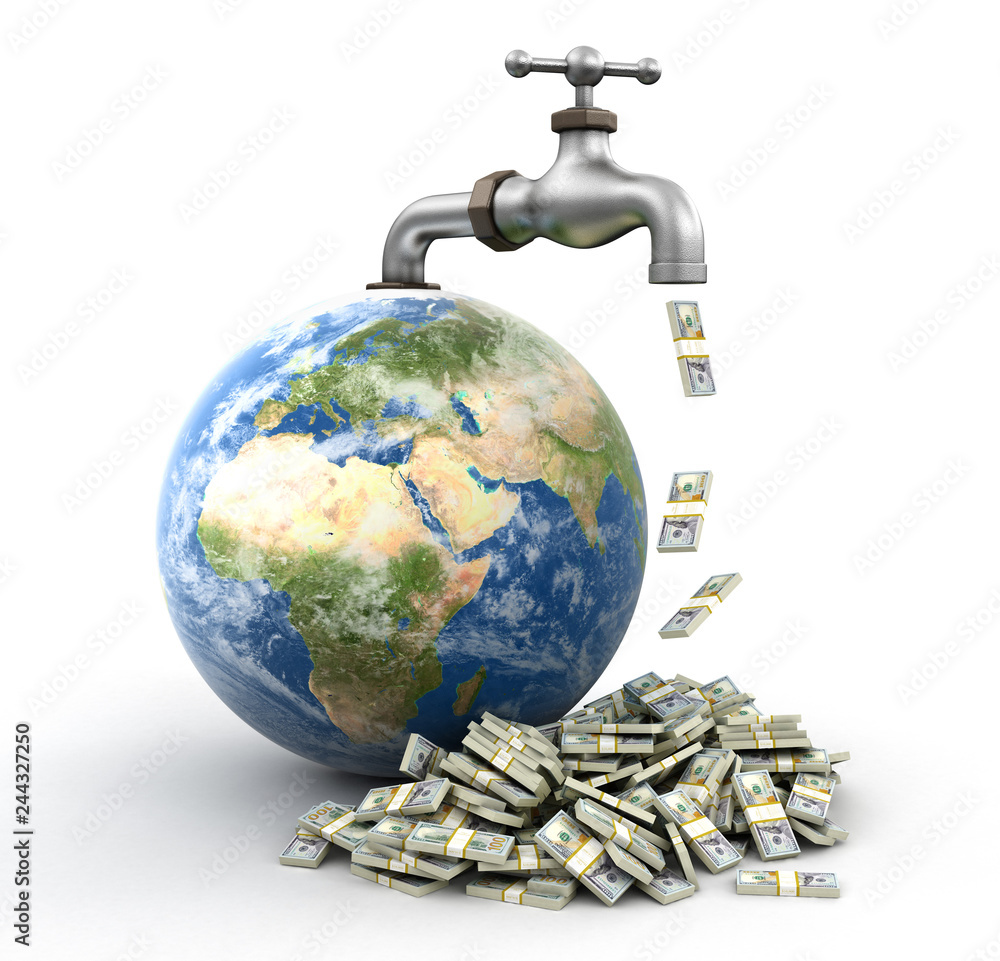 Poster 3d globe and faucet with dollars. image with clipping path
