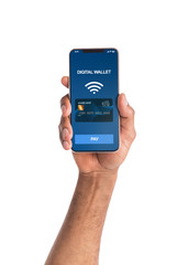 Man holding smartphone with digital wallet application