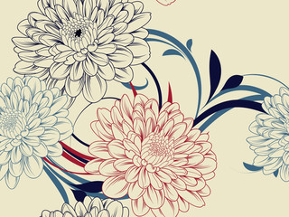 Seamless abstract pattern with chrysanthemum flowers. - obrazy, fototapety, plakaty