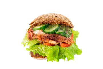 sandwich with meat and a dark bun on an isolated background