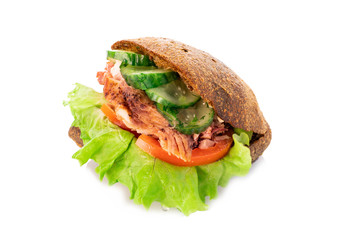 sandwich with meat and a dark bun on an isolated background