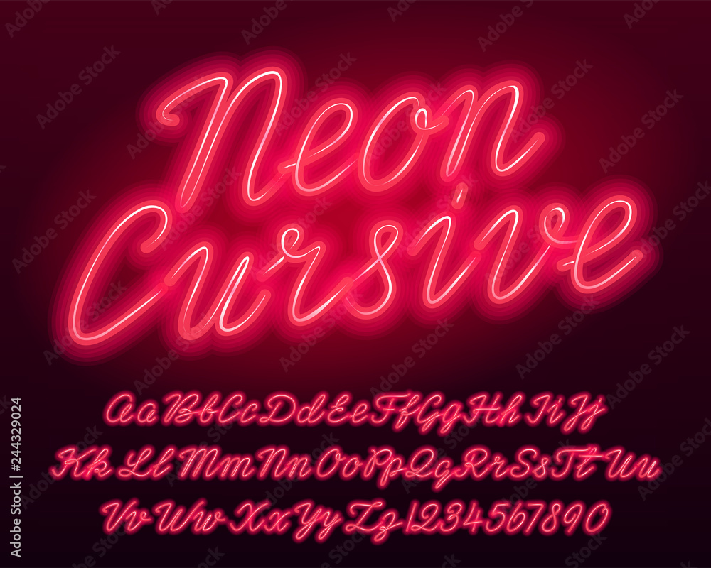 Fototapete neon cursive alphabet font. red color lowercase and uppercase bright letters and numbers. stock vect