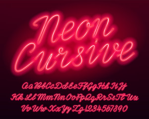 Neon cursive alphabet font. Red color lowercase and uppercase bright letters and numbers. Stock vector typescript for your typography design.