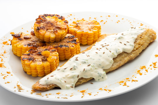 fish and sweet corn for healthy food image