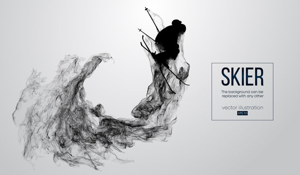 Abstract silhouette of a skier isolated on white background from particles, dust, smoke, steam. Skier jumping and performs a trick. Background can be changed to any other. Vector illustration