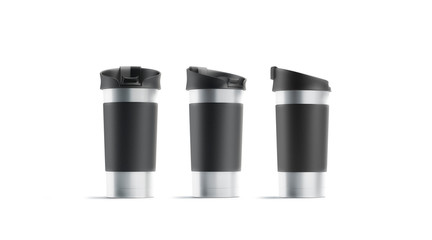 Blank travel mug with black sleeve and lid mockup set, different side, 3d rendering. Empty thermic...