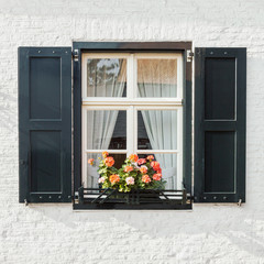 Window on white brick wall with shutters and blooming flowers pot, front view architectural detail closeup, classic style vintage window frame 