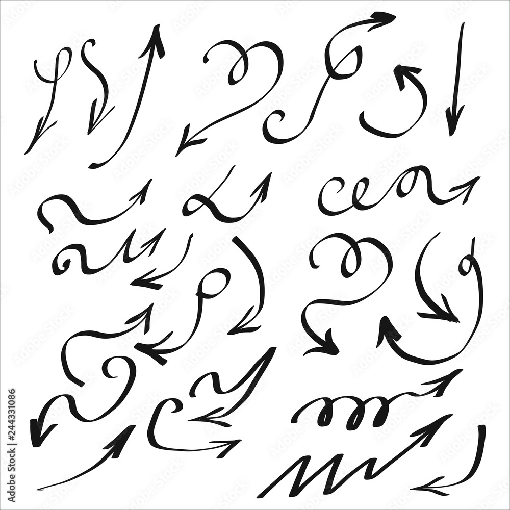 Poster set of arrow art abstract curved lines set hand draw style black isolated on white vector design ele