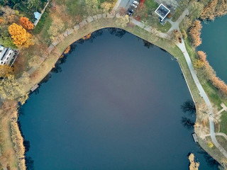 Beautiful panoramic aerial drone view to Cietrzewia ponds or Glinianki Cietrzewia - two water reservoirs, located in Warsaw, in the Włochy district