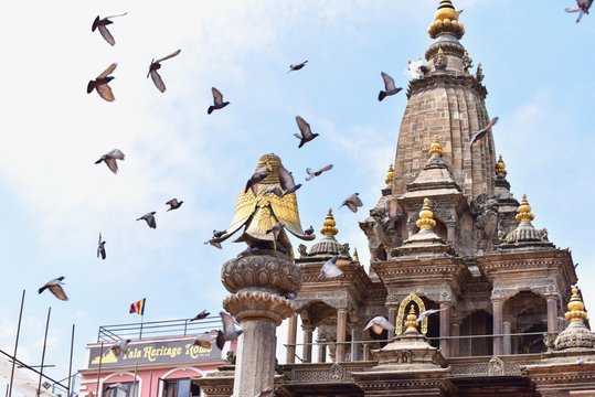 Pigeons Flying Across Krishna Mandir Temple in Patan Durbur Square, Nepal