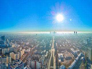 WARSAW, POLAND - NOVEMBER 17, 2018: Beautiful panoramic aerial drone view to the center of Warsaw City and Palace of Culture and Science - a notable high-rise building in Warsaw, Poland, in the mornin