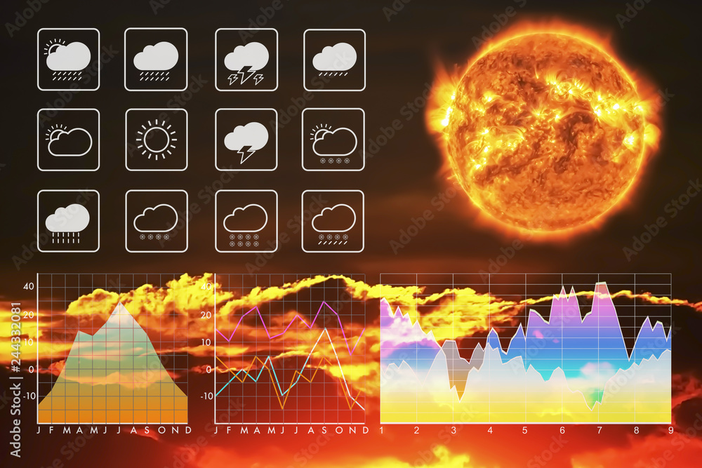 Wall mural weather forecast symbol data presentation with graph and chart on climate change with sun and sunset