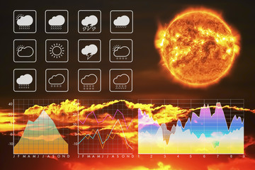 Weather forecast symbol data presentation with graph and chart on climate change with sun and sunset cloud background.