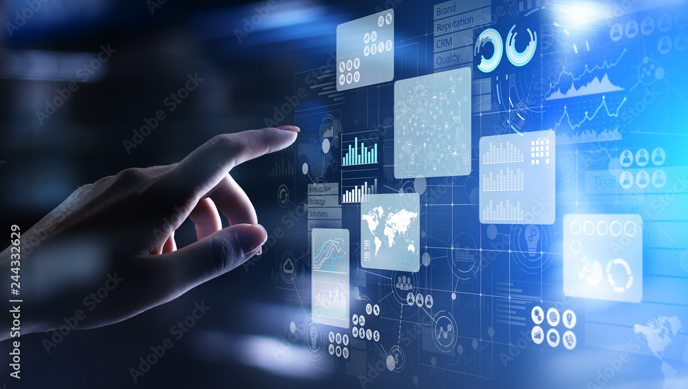 Poster business intelligence analyst dashboard on virtual screen. big data graphs charts.