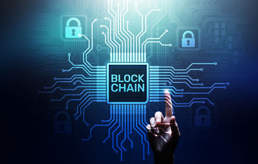 Blockchain technology concept on virtual screen. Cryptography and cryptocurrency.