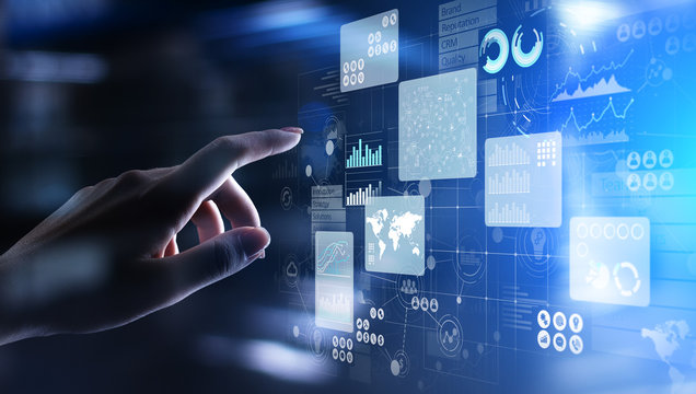 Business intelligence analyst dashboard on virtual screen. Big data Graphs Charts.