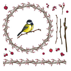 Floral spring wreath with a bright little bird