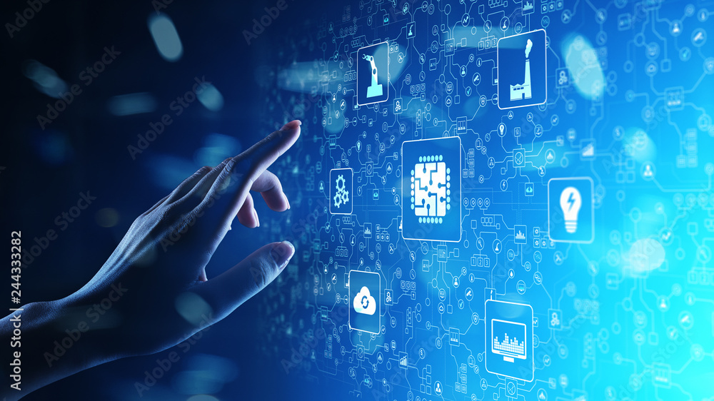 Aufkleber microchip, artificial intelligence, automation and internet of things, iot, digital integration. bus