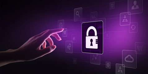 Cyber security, Personal data protection, information privacy. Padlock icon on virtual screen....