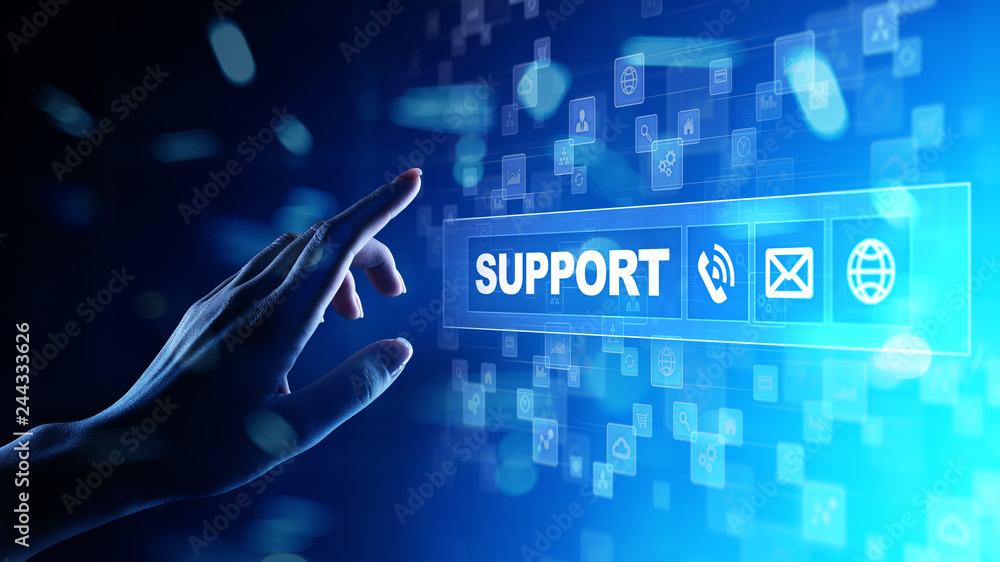 Poster support button on virtual screen. customer service and communication concept.