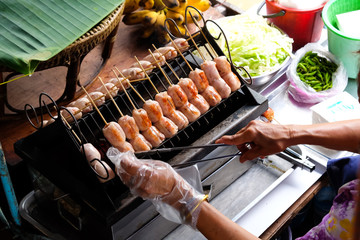 Thai Style Grilled Sausage on Street Market in Thailand