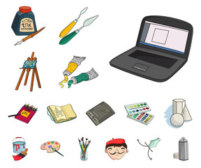 Painter and drawing cartoon icons in set collection for design. Artistic accessories vector symbol stock web illustration.