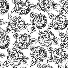 Seamless pattern with roses. Vector black and white outline drawing, sketch style. May be used for design of wrapping paper, textile,  wallpaper, background etc