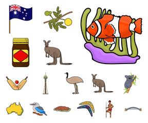 Country Australia cartoon icons in set collection for design.Travel and attractions vector symbol stock web illustration.