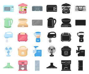 Types of household appliances cartoon,black icons in set collection for design.Kitchen equipment vector symbol stock web illustration.