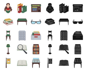 Library and bookstore cartoon,black icons in set collection for design. Books and furnishings vector symbol stock web illustration.
