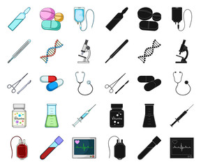 Medicine and treatment cartoon,black icons in set collection for design. Medicine and equipment vector symbol stock web illustration.
