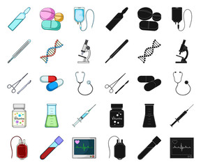 Fototapeta premium Medicine and treatment cartoon,black icons in set collection for design. Medicine and equipment vector symbol stock web illustration.