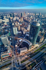 WARSAW, POLAND - NOVEMBER 27, 2018: Beautiful panoramic aerial drone view to the center of Warsaw...