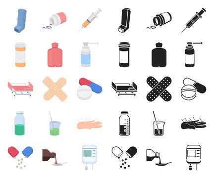 Medicine and treatment cartoon,black icons in set collection for design. Medicine and equipment vector symbol stock web illustration.