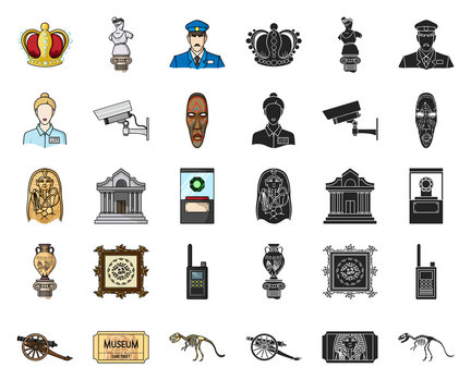 Museum and gallery cartoon,black icons in set collection for design. Storage and exhibition of showpiece vector symbol stock web illustration.