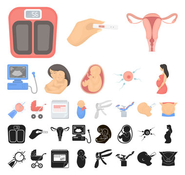 Woman and pregnancy cartoon, black icons in set collection for design. Gynecology and equipment vector symbol stock web illustration.